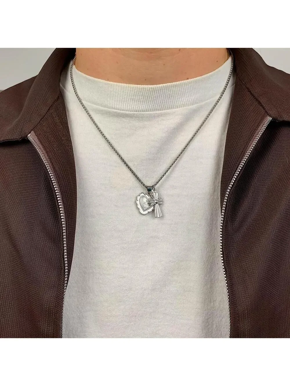 Y2k grunge style Silver stainless steel gothic cross and heart shaped pendant